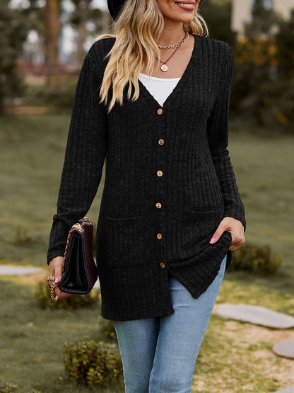 Solid Color Long Sleeve Buttoned Pockets Cardigan