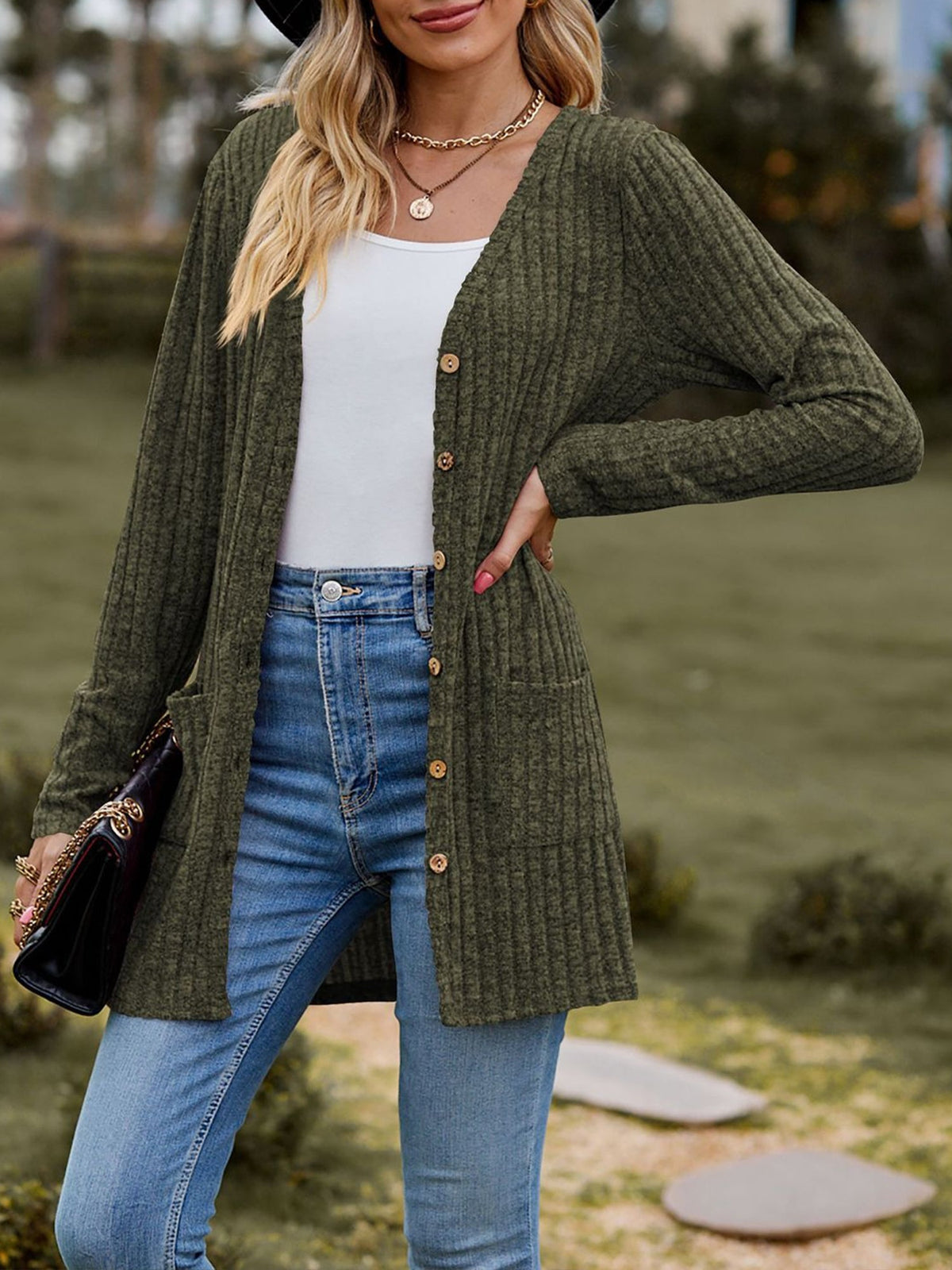Solid Color Long Sleeve Buttoned Pockets Cardigan