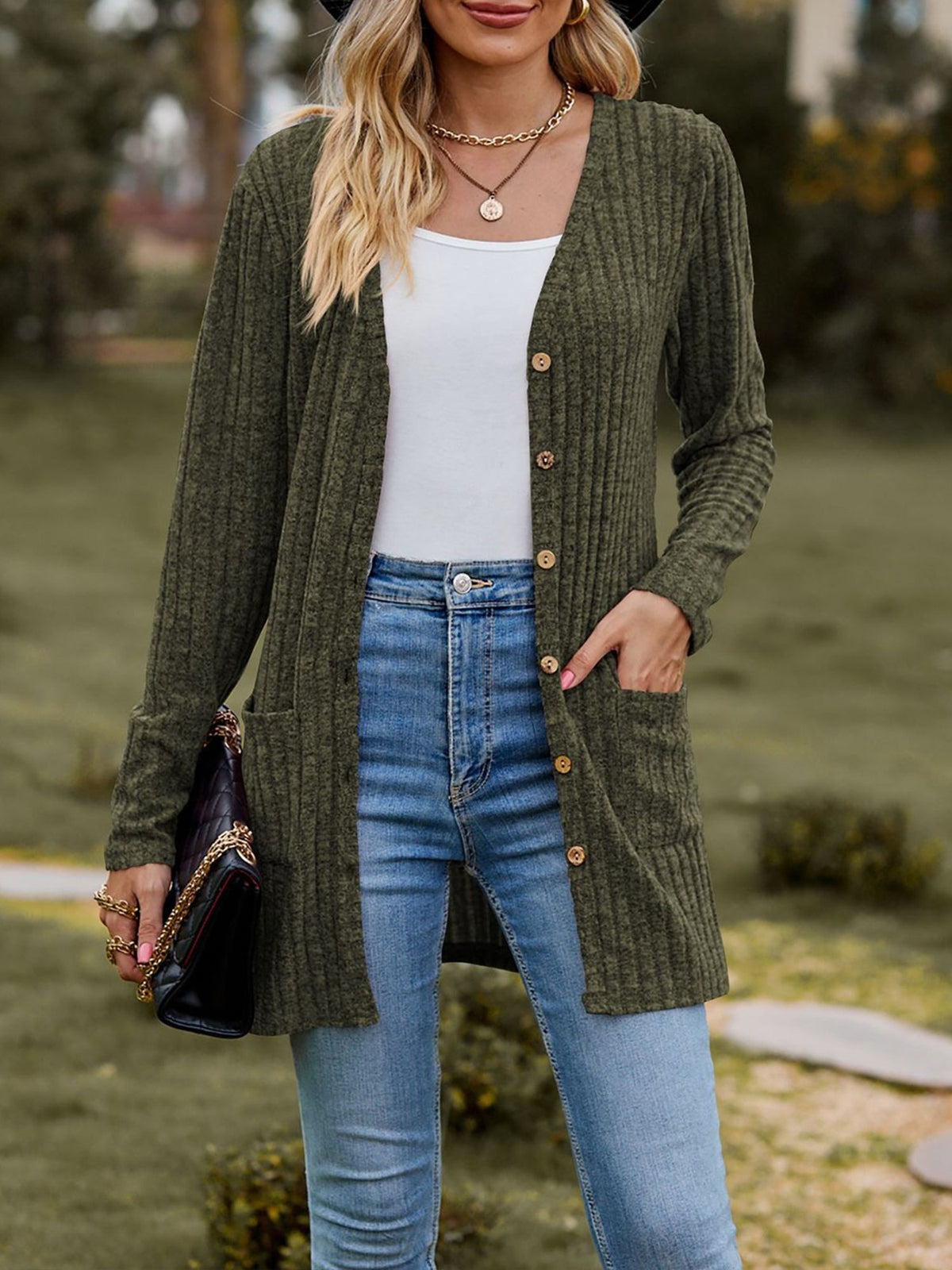 Solid Color Long Sleeve Buttoned Pockets Cardigan