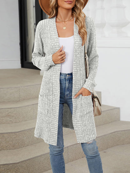 Solid Color Open Front Long Sleeves Pockets Mid-Length Cardigan