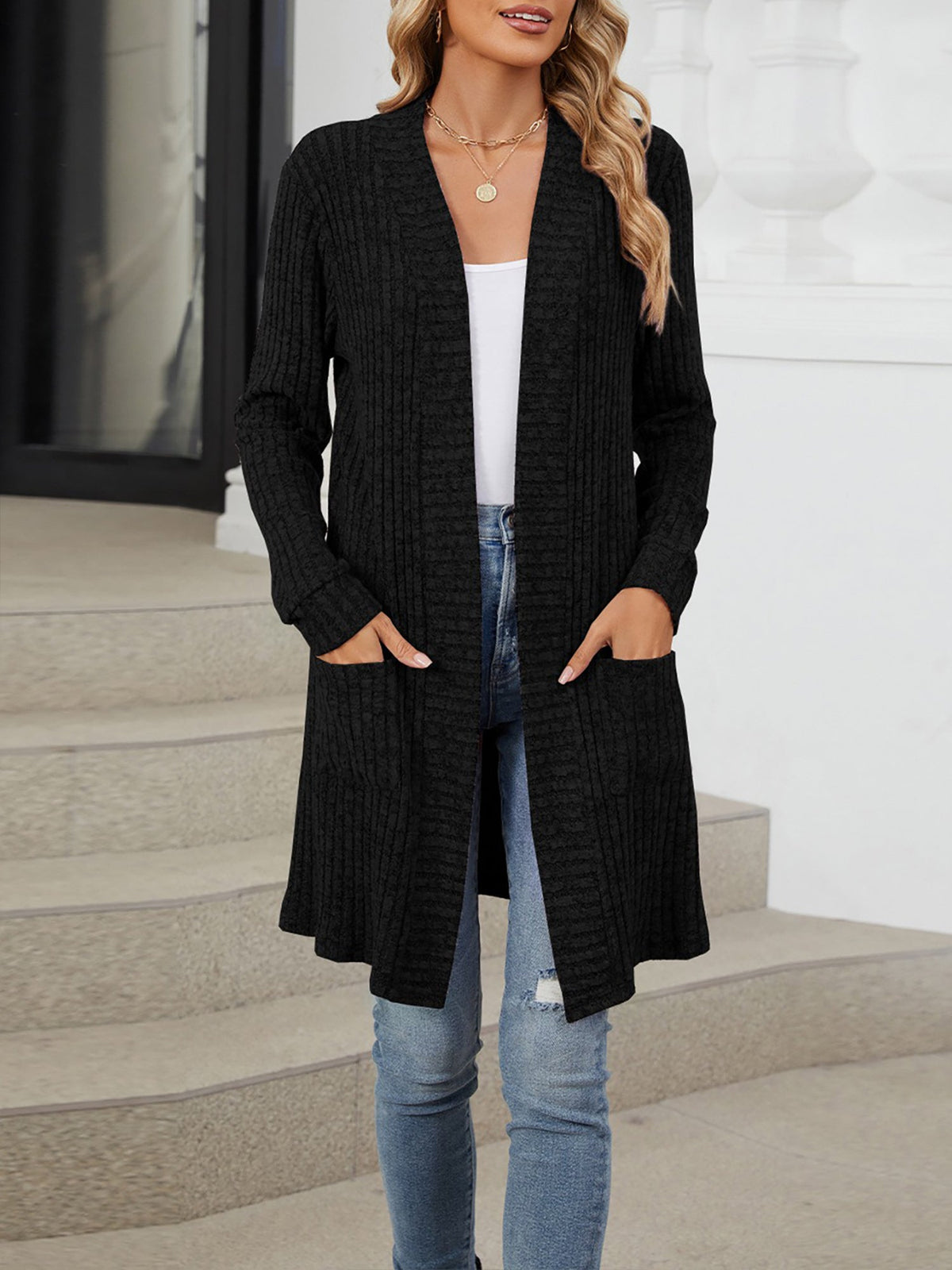 Solid Color Open Front Long Sleeves Pockets Mid-Length Cardigan