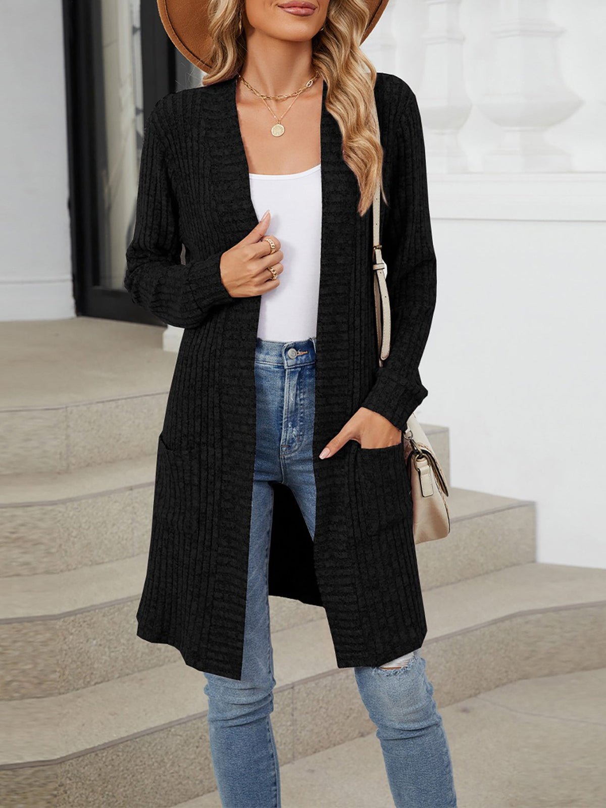 Solid Color Open Front Long Sleeves Pockets Mid-Length Cardigan