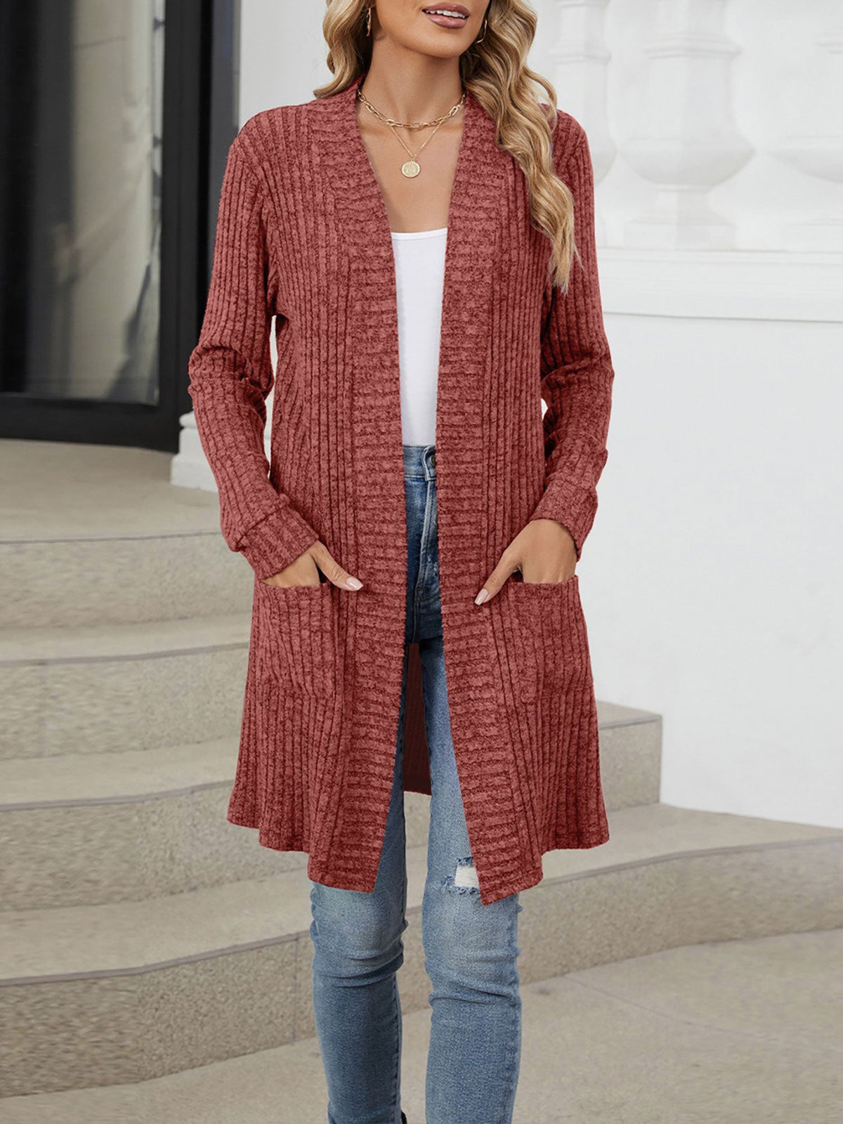 Solid Color Open Front Long Sleeves Pockets Mid-Length Cardigan