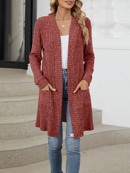 Solid Color Open Front Long Sleeves Pockets Mid-Length Cardigan
