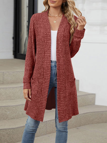 Solid Color Open Front Long Sleeves Pockets Mid-Length Cardigan