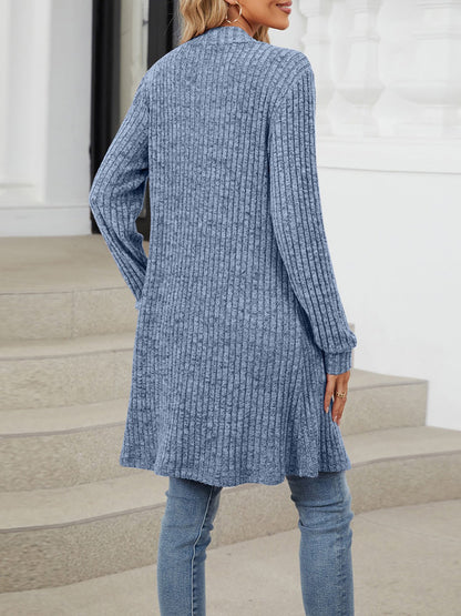 Solid Color Open Front Long Sleeves Pockets Mid-Length Cardigan