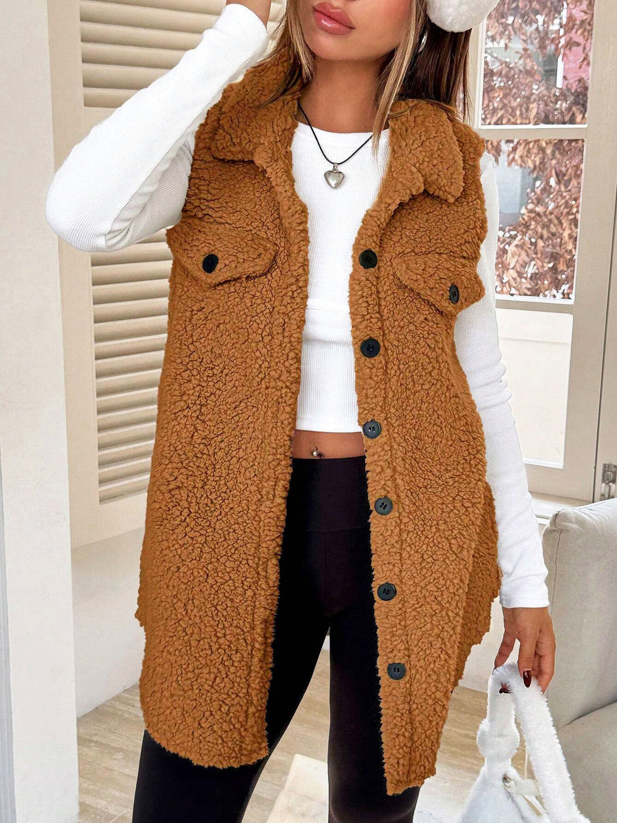 Faux Shearling Button Down Sleeveless Vest