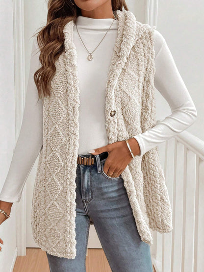 Solid Color Hooded Button Down Furry Sleeveless Vest