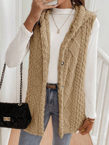 Solid Color Hooded Button Down Furry Sleeveless Vest