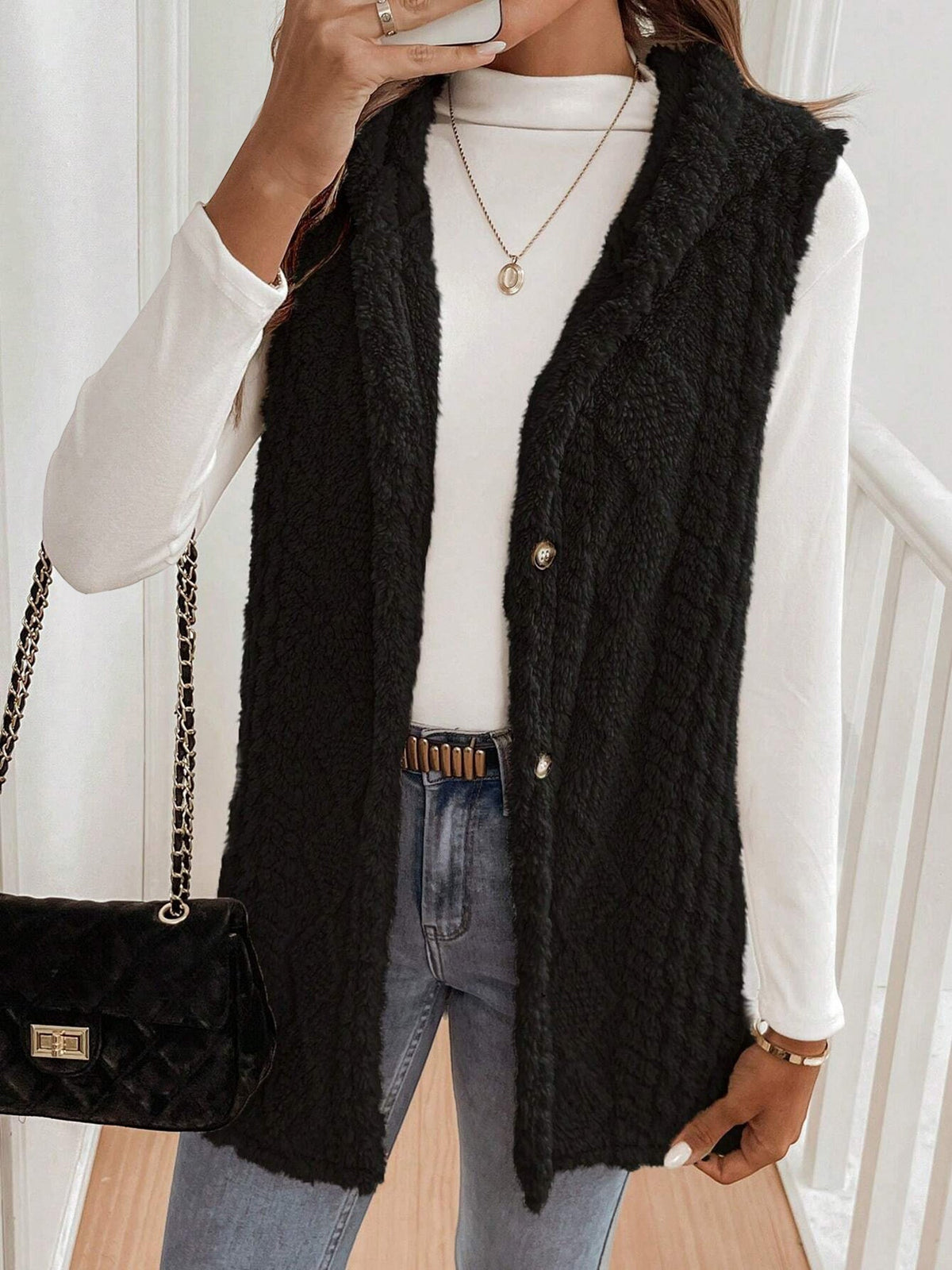 Solid Color Hooded Button Down Furry Sleeveless Vest