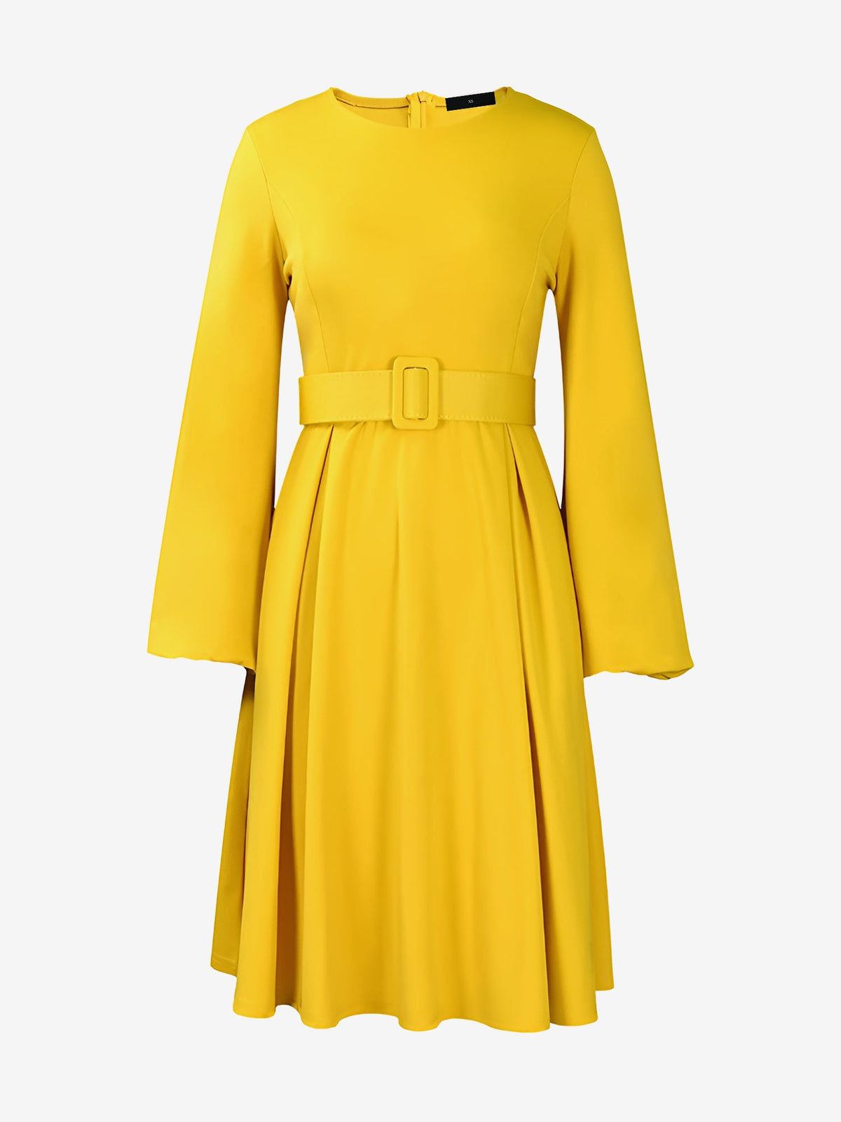 Round Neck Puff Sleeves Belted Midi Work Dress