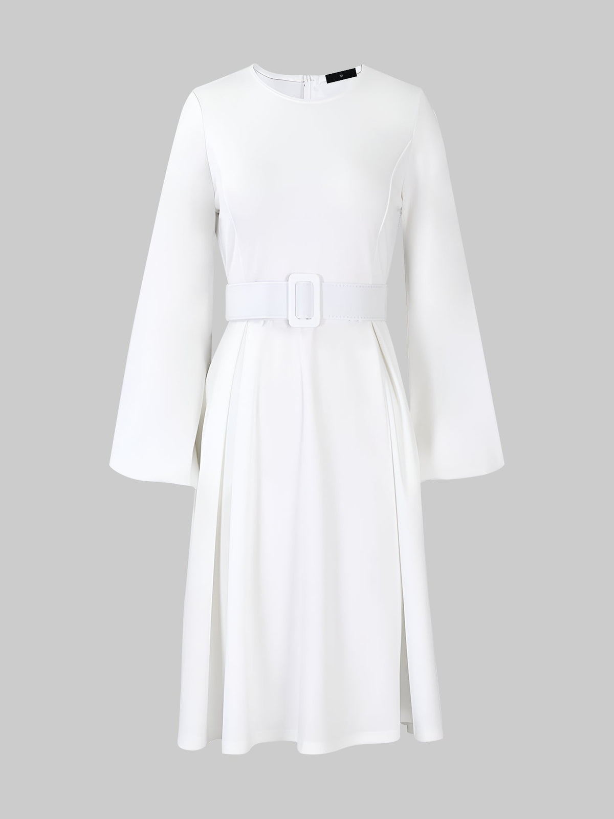 Round Neck Puff Sleeves Belted Midi Work Dress