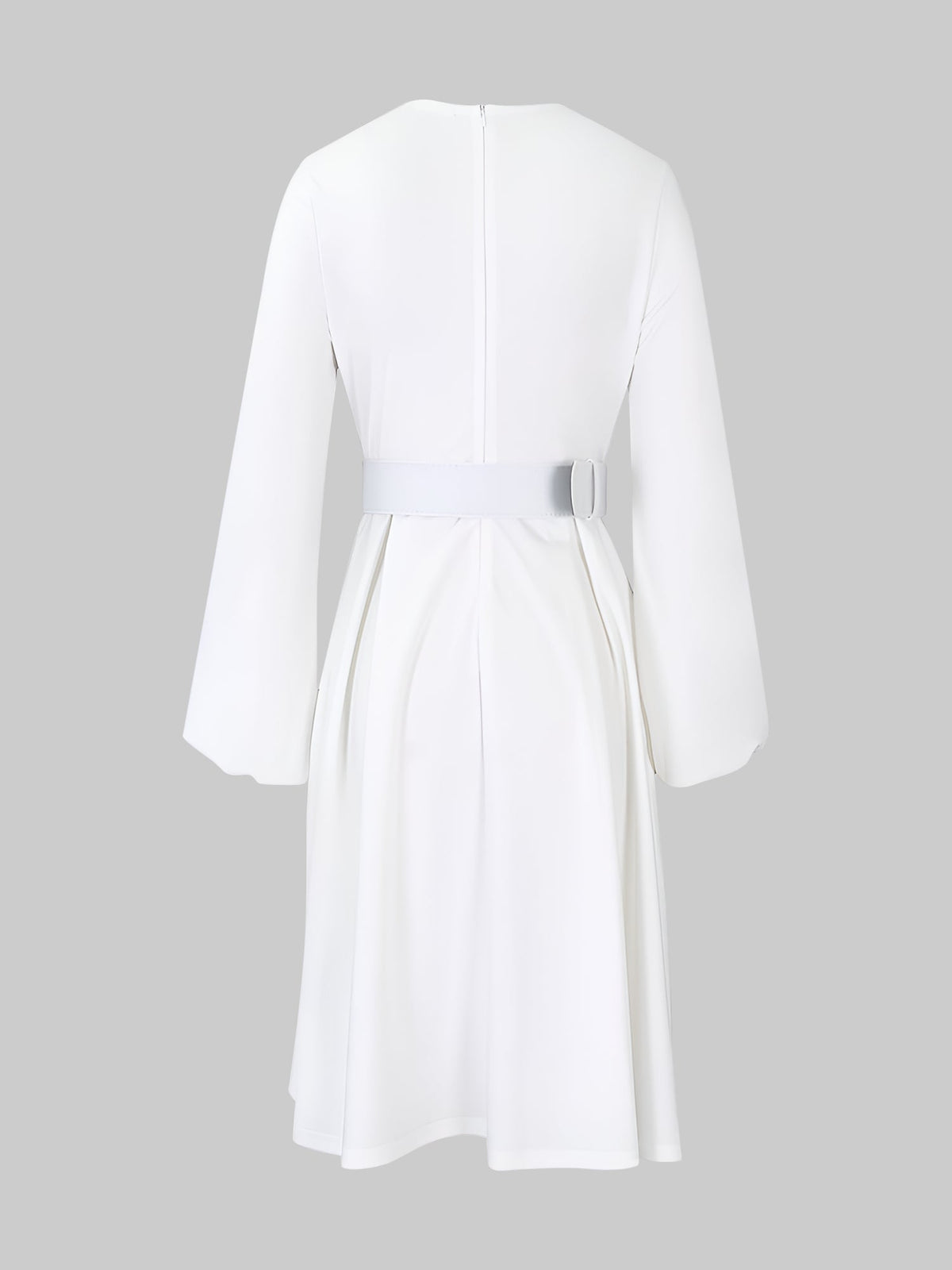 Round Neck Puff Sleeves Belted Midi Work Dress