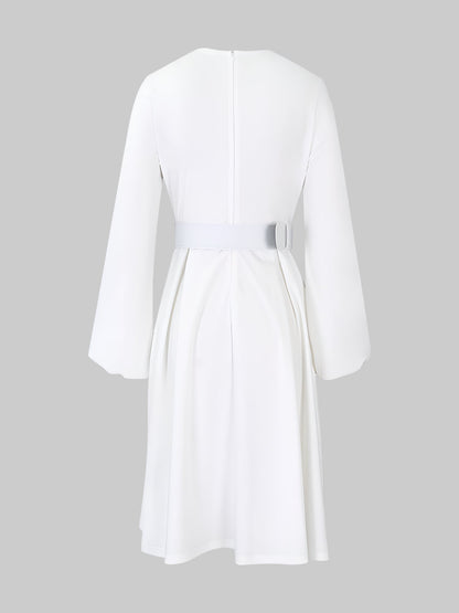 Round Neck Puff Sleeves Belted Midi Work Dress