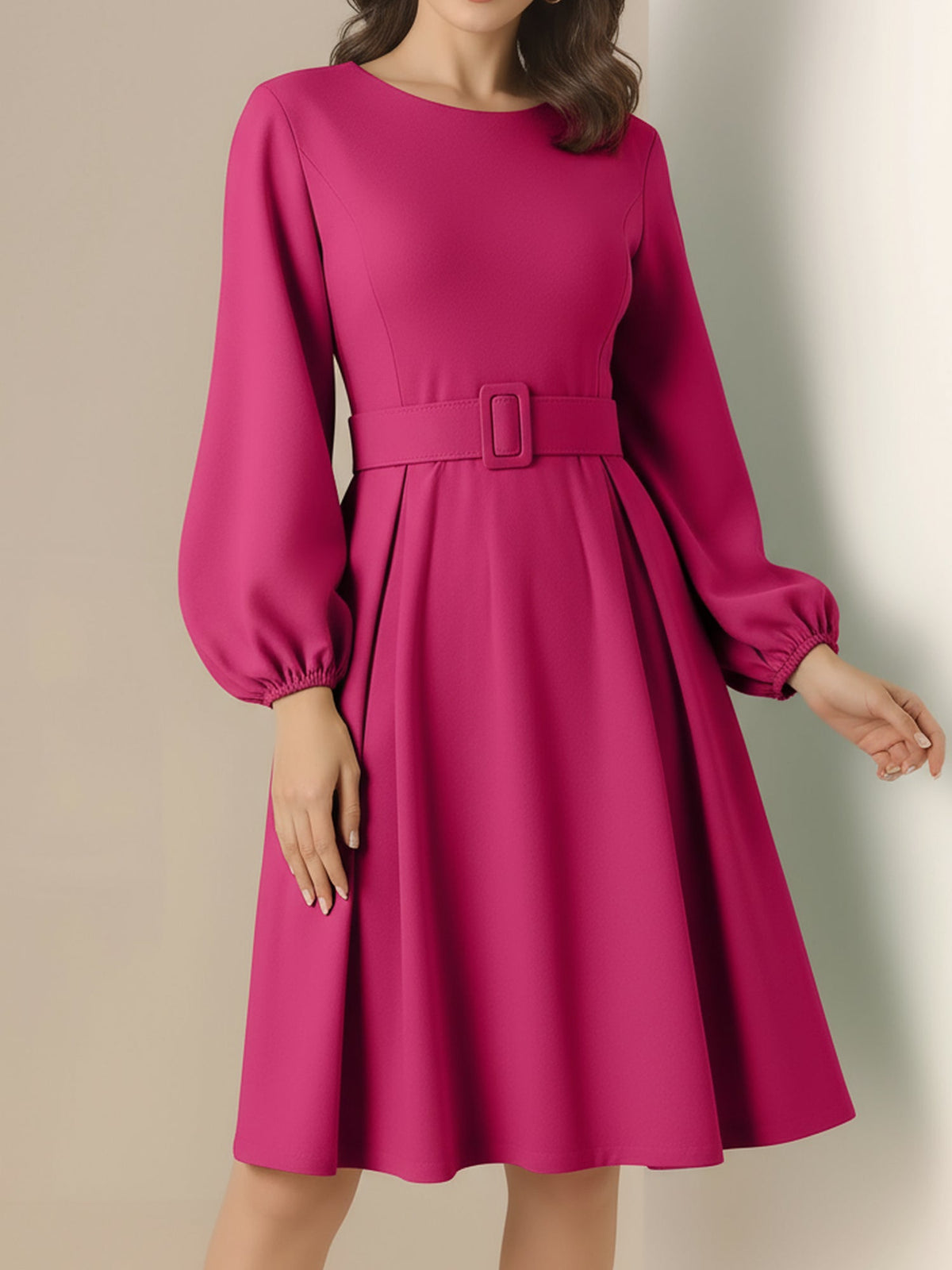 Round Neck Puff Sleeves Belted Midi Work Dress