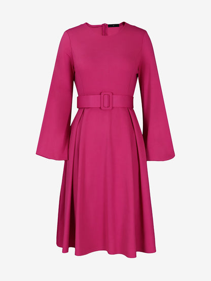 Round Neck Puff Sleeves Belted Midi Work Dress