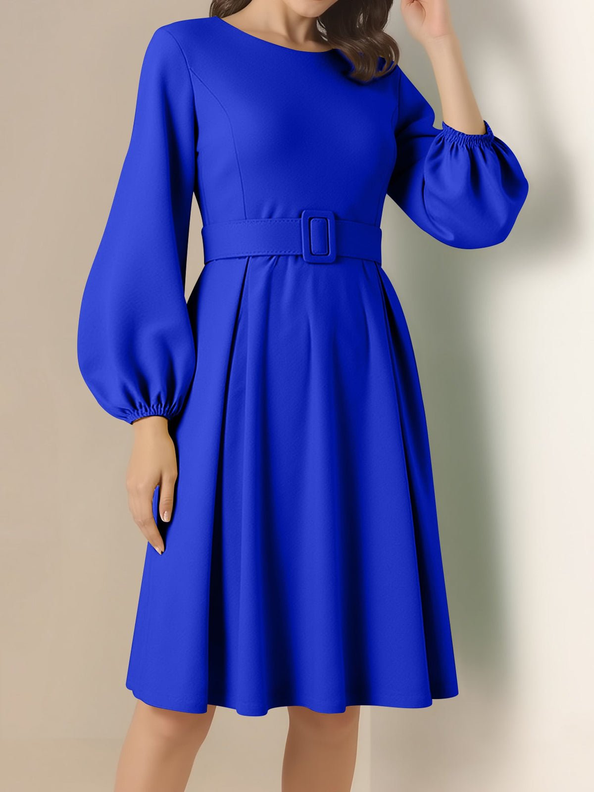 Round Neck Puff Sleeves Belted Midi Work Dress