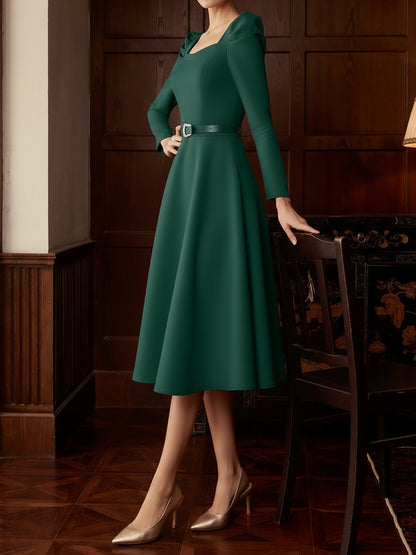 Puff Sleeve Square Neck Belted Midi Dress