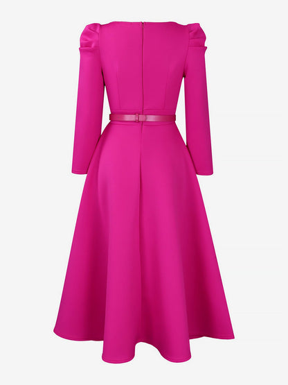 Puff Sleeve Square Neck Belted Midi Dress