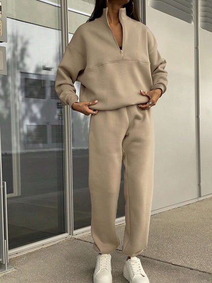 2 Pieces Zipper Collar Solid Color Casual Matching Set
