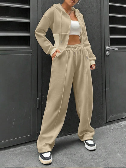2 Pieces Hooded Zipper Jacket & Elastic Waist Sweatpants Set