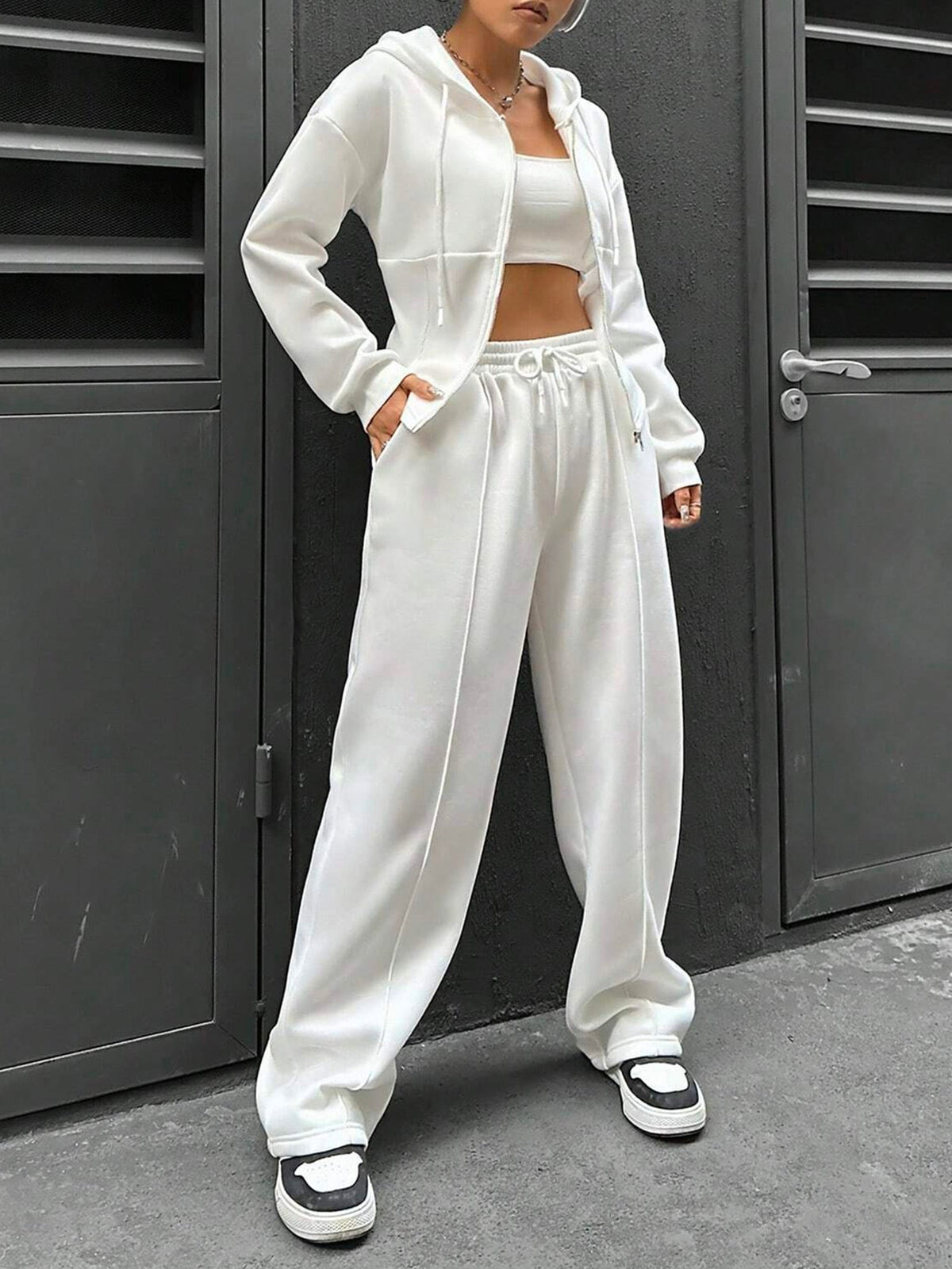 2 Pieces Hooded Zipper Jacket & Elastic Waist Sweatpants Set