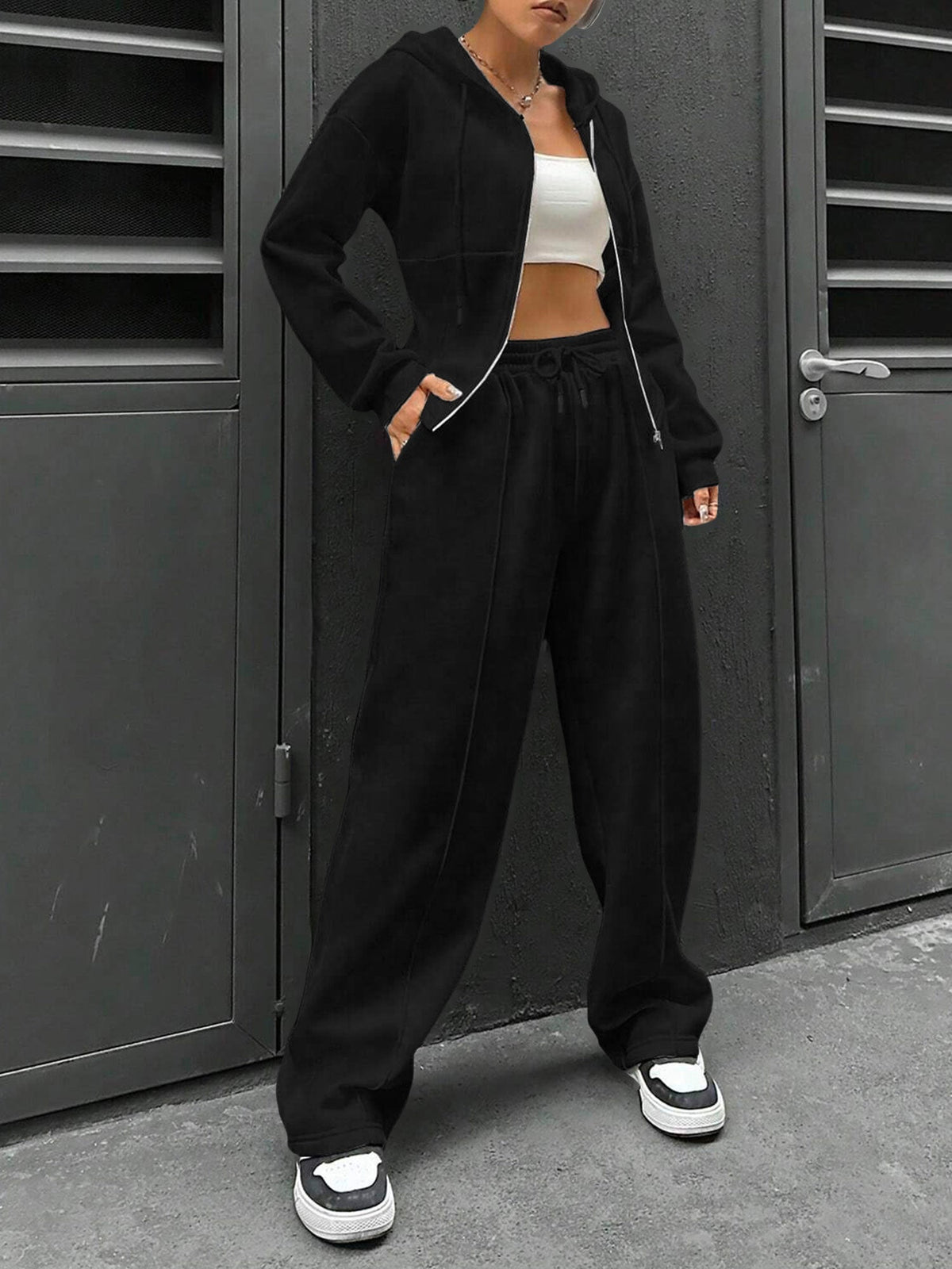 2 Pieces Hooded Zipper Jacket & Elastic Waist Sweatpants Set