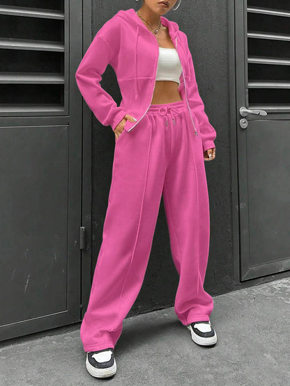 2 Pieces Hooded Zipper Jacket & Elastic Waist Sweatpants Set