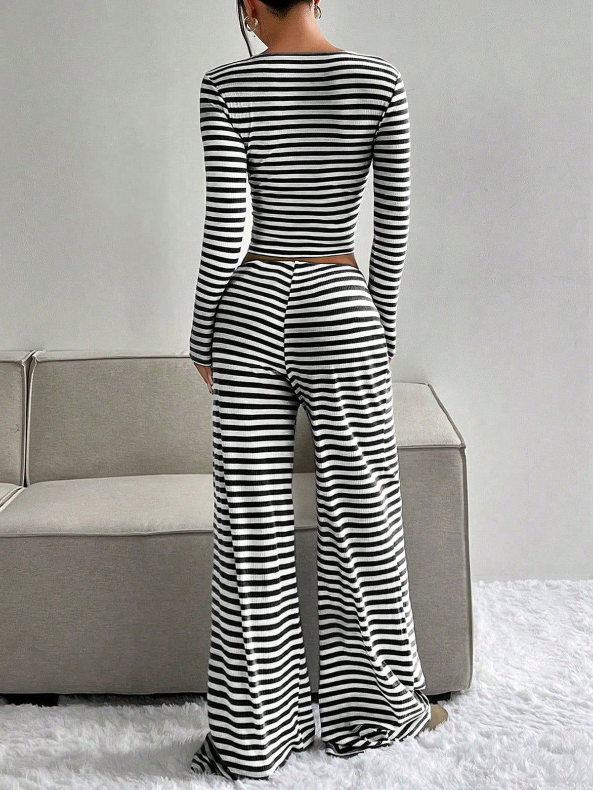 2 Pieces Square Neck Striped Cropped Top & Sweatpants Set