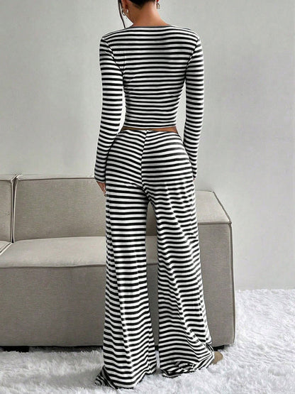 2 Pieces Square Neck Striped Cropped Top & Sweatpants Set