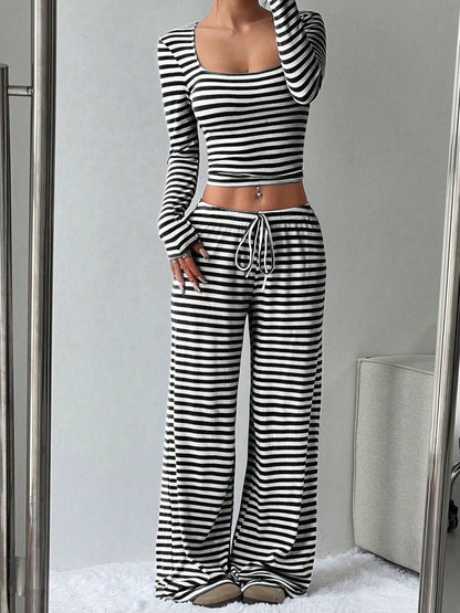 2 Pieces Square Neck Striped Cropped Top & Sweatpants Set