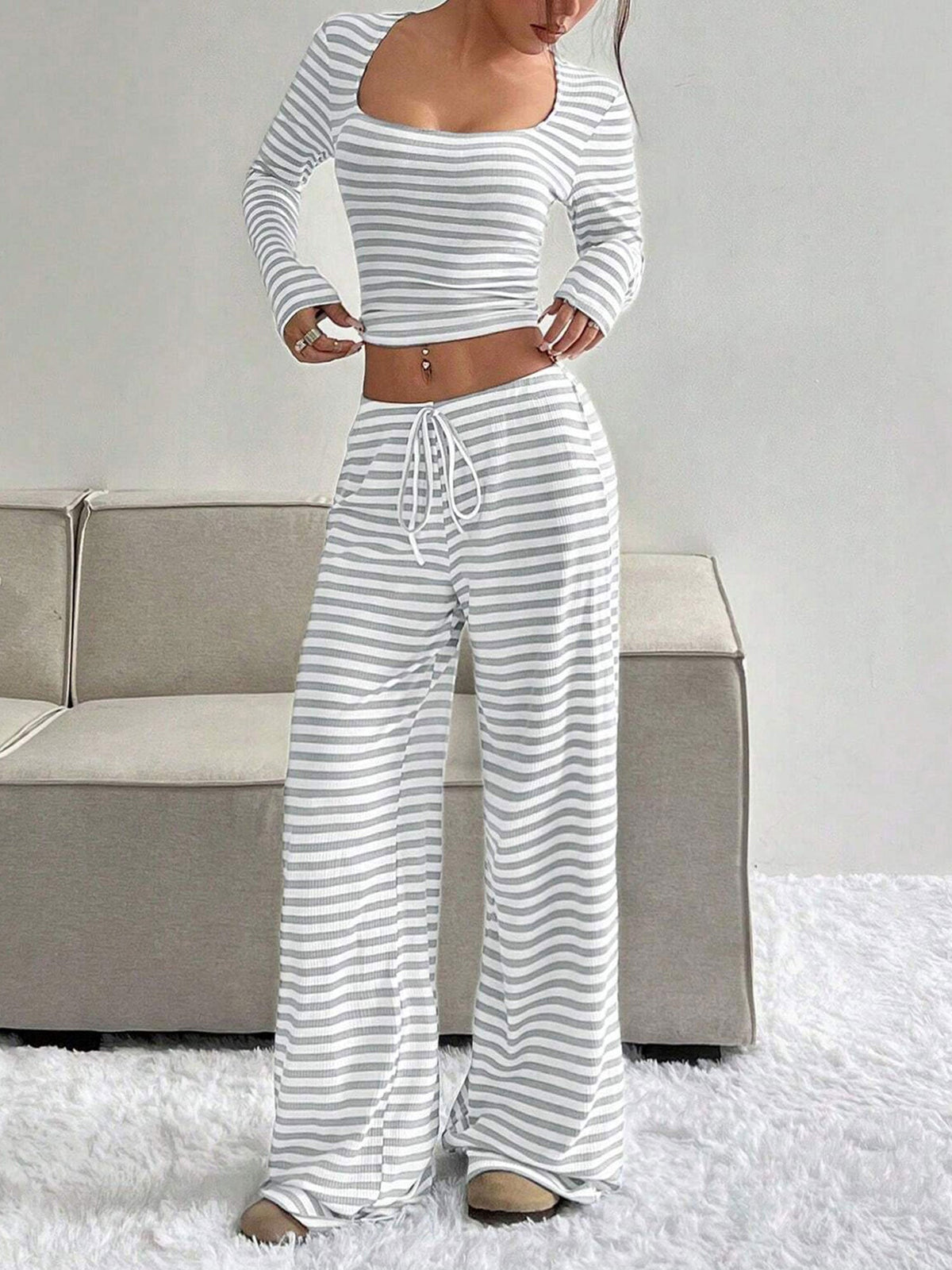 2 Pieces Square Neck Striped Cropped Top & Sweatpants Set