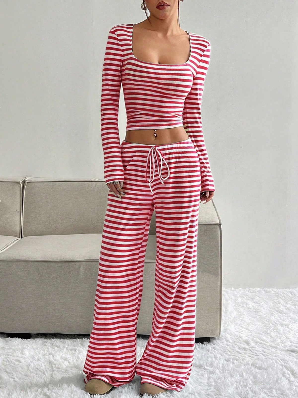 2 Pieces Square Neck Striped Cropped Top & Sweatpants Set