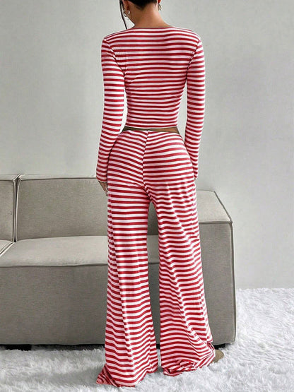 2 Pieces Square Neck Striped Cropped Top & Sweatpants Set