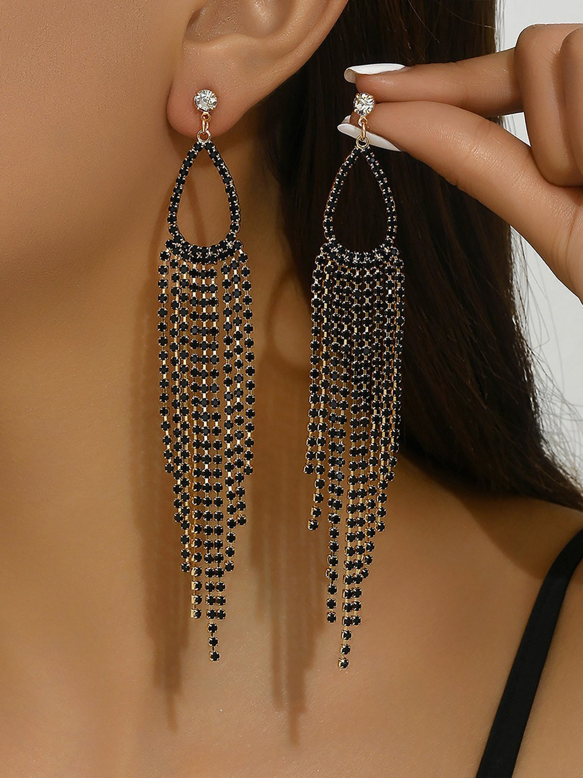 Faux Rhinestone Long Fringe Tassel Earrings