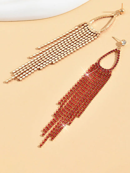Faux Rhinestone Long Fringe Tassel Earrings