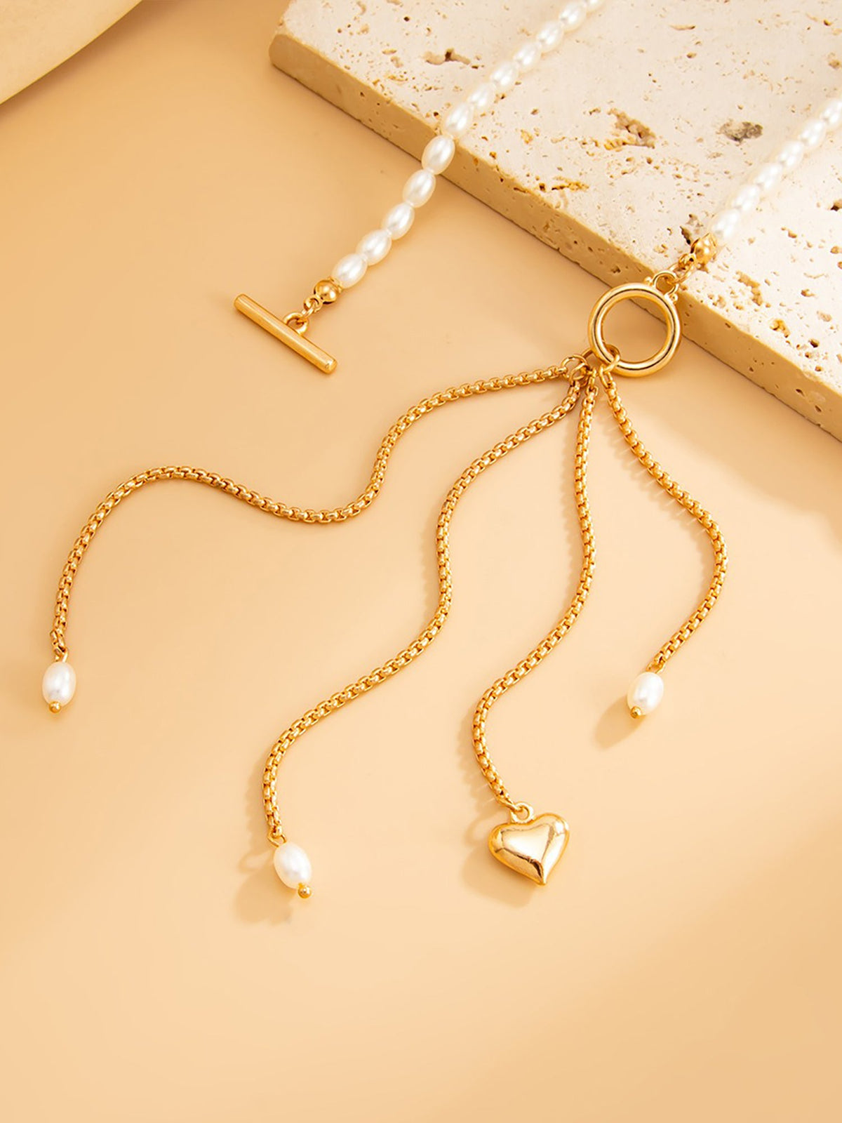 Faux Pearl Beaded Alloy Tassle Heart Shape Pendant Necklace