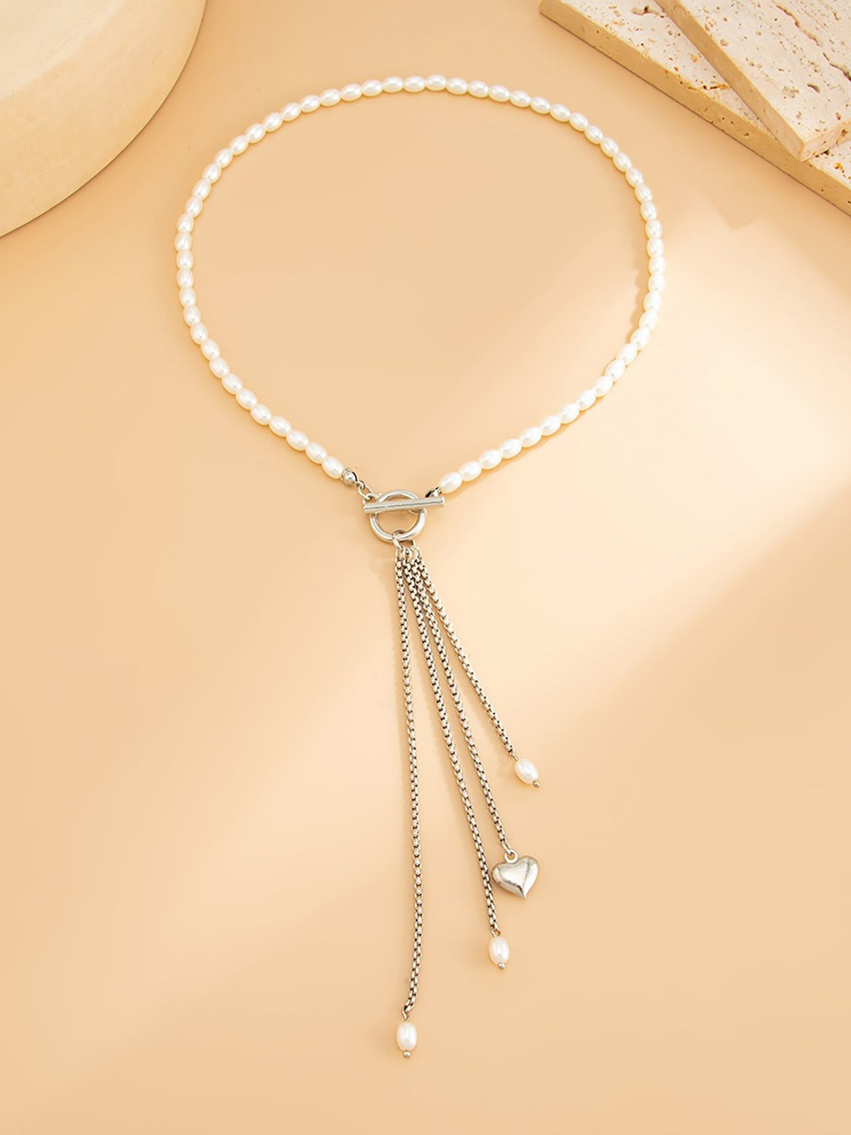 Faux Pearl Beaded Alloy Tassle Heart Shape Pendant Necklace