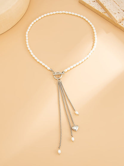 Faux Pearl Beaded Alloy Tassle Heart Shape Pendant Necklace