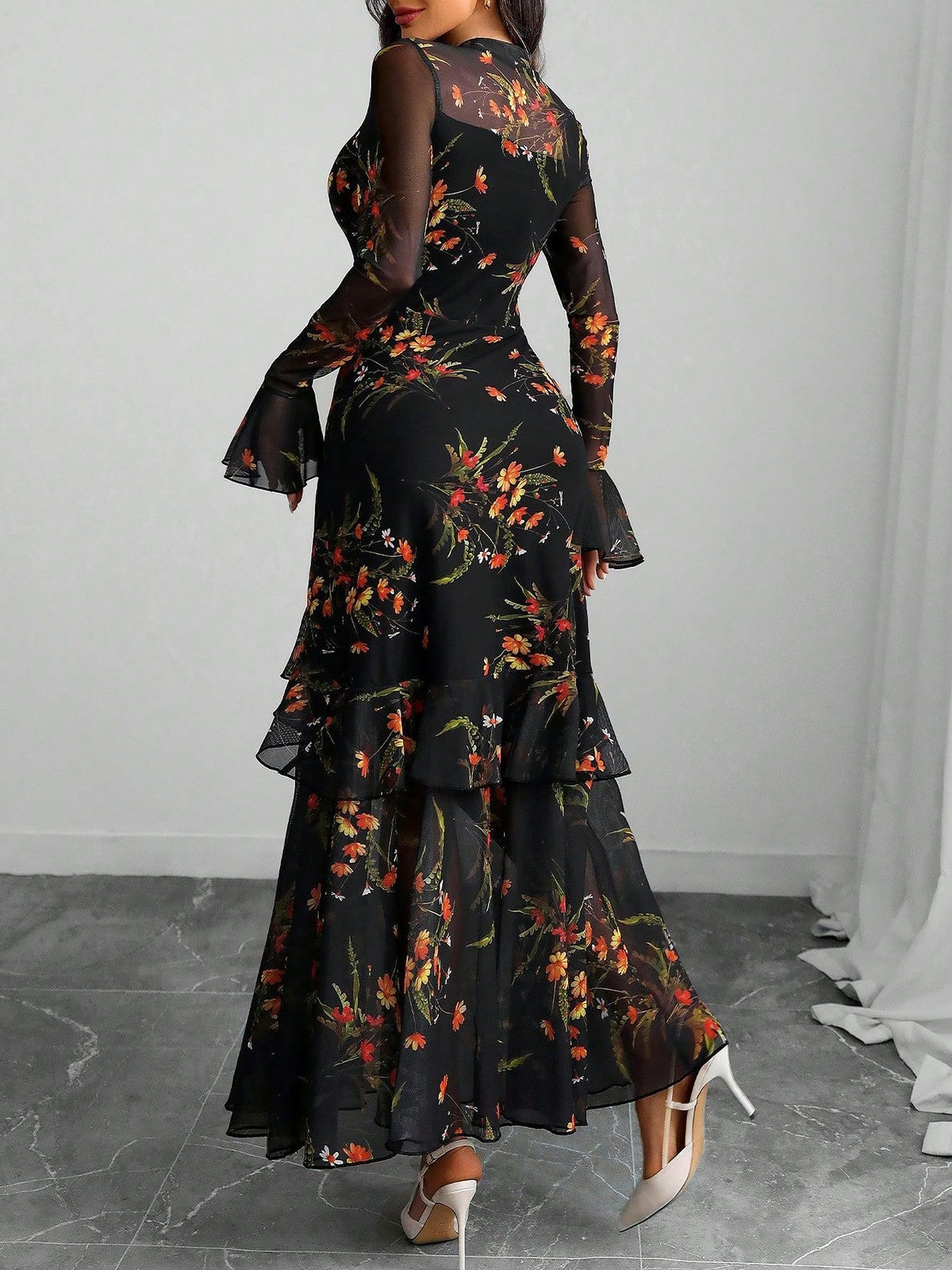 Mock Neck Mesh Floral Ruffled Maxi Dress