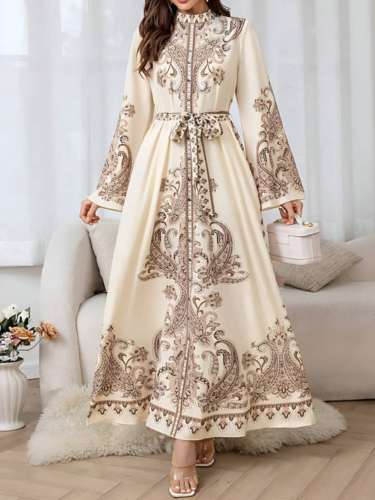 Mock Neck Bell Sleeves Boho Paisley Maxi Dress