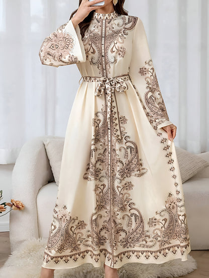 Mock Neck Bell Sleeves Boho Paisley Maxi Dress