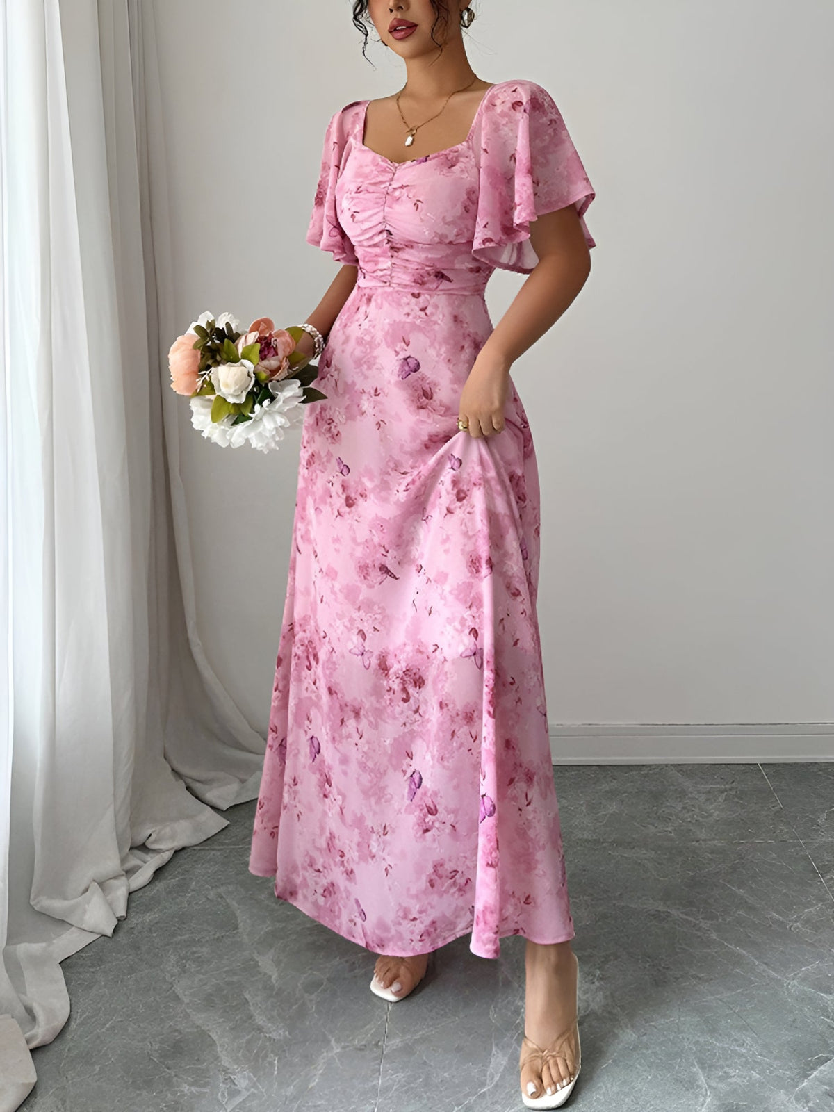 Floral Print Ruffled Sleeve Ruched Wedding Maxi Dress