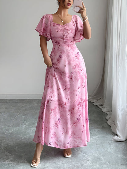 Floral Print Ruffled Sleeve Ruched Wedding Maxi Dress