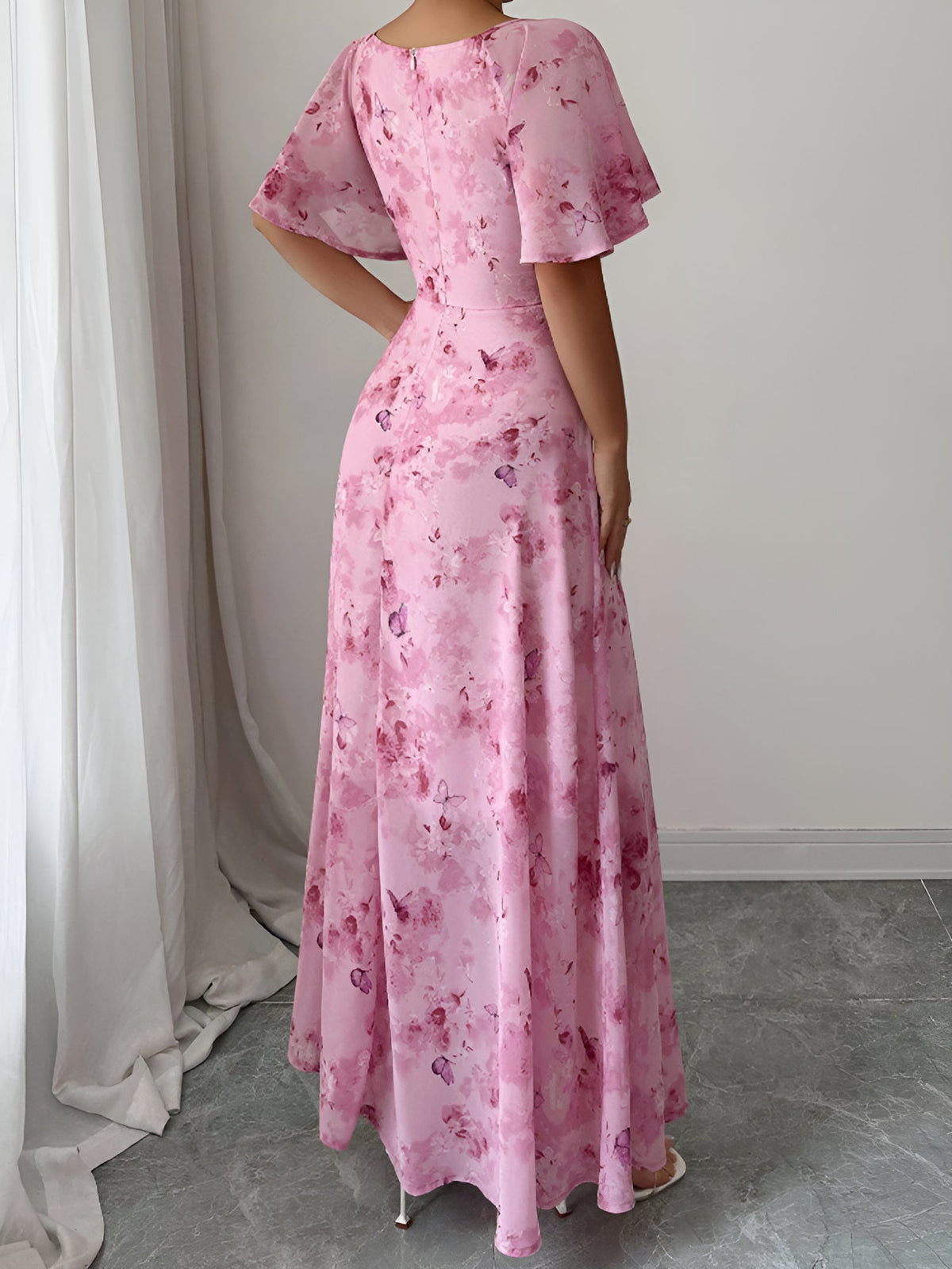 Floral Print Ruffled Sleeve Ruched Wedding Maxi Dress