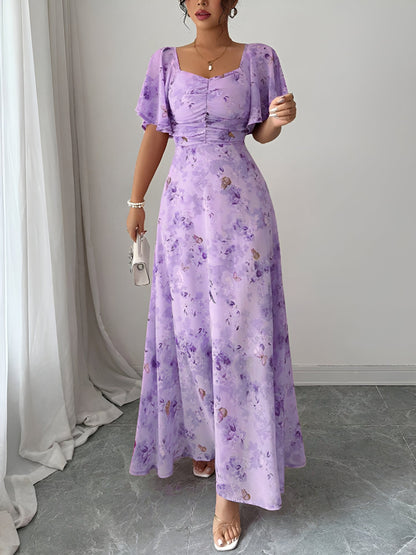 Floral Print Ruffled Sleeve Ruched Wedding Maxi Dress