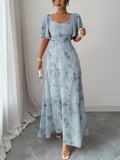 Floral Print Ruffled Sleeve Ruched Wedding Maxi Dress