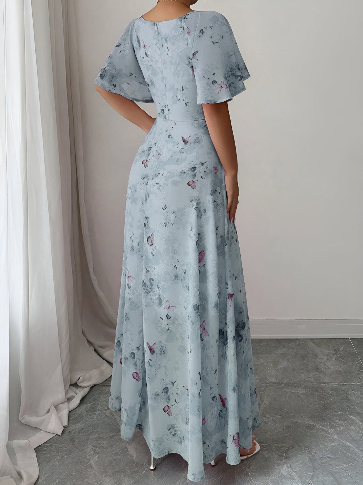 Floral Print Ruffled Sleeve Ruched Wedding Maxi Dress