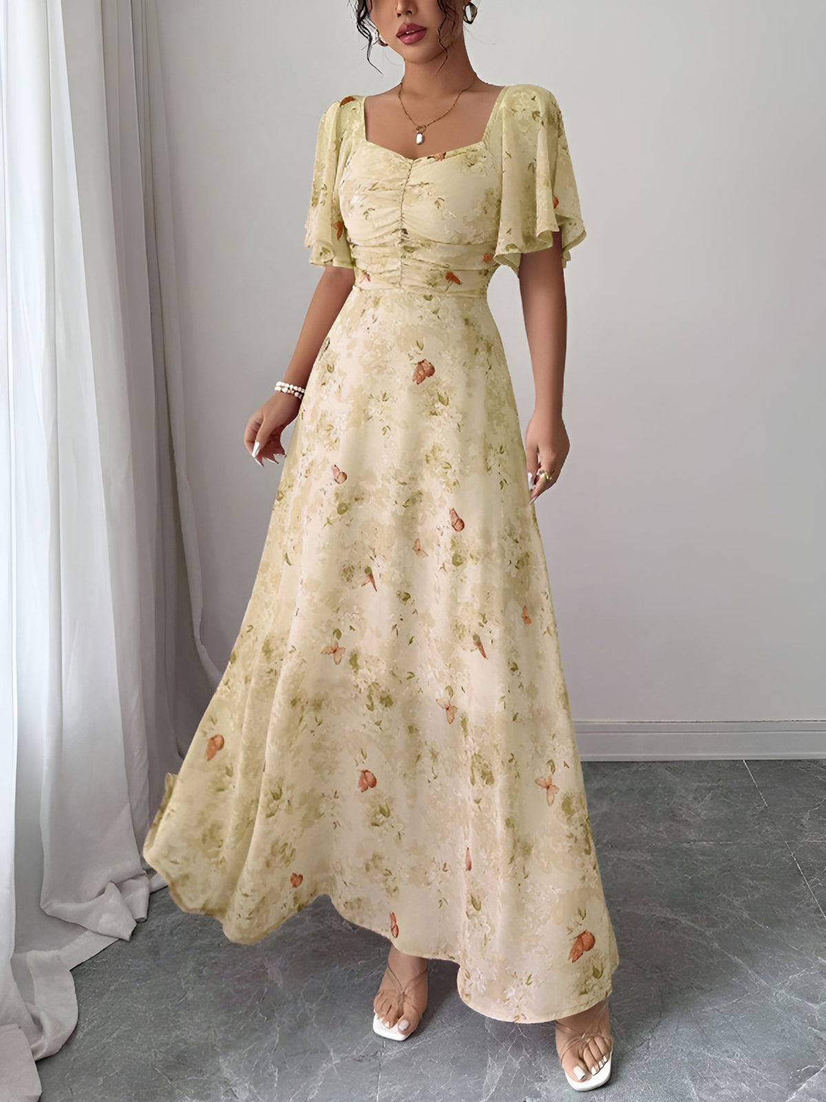 Floral Print Ruffled Sleeve Ruched Wedding Maxi Dress