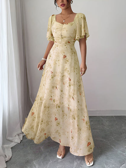 Floral Print Ruffled Sleeve Ruched Wedding Maxi Dress